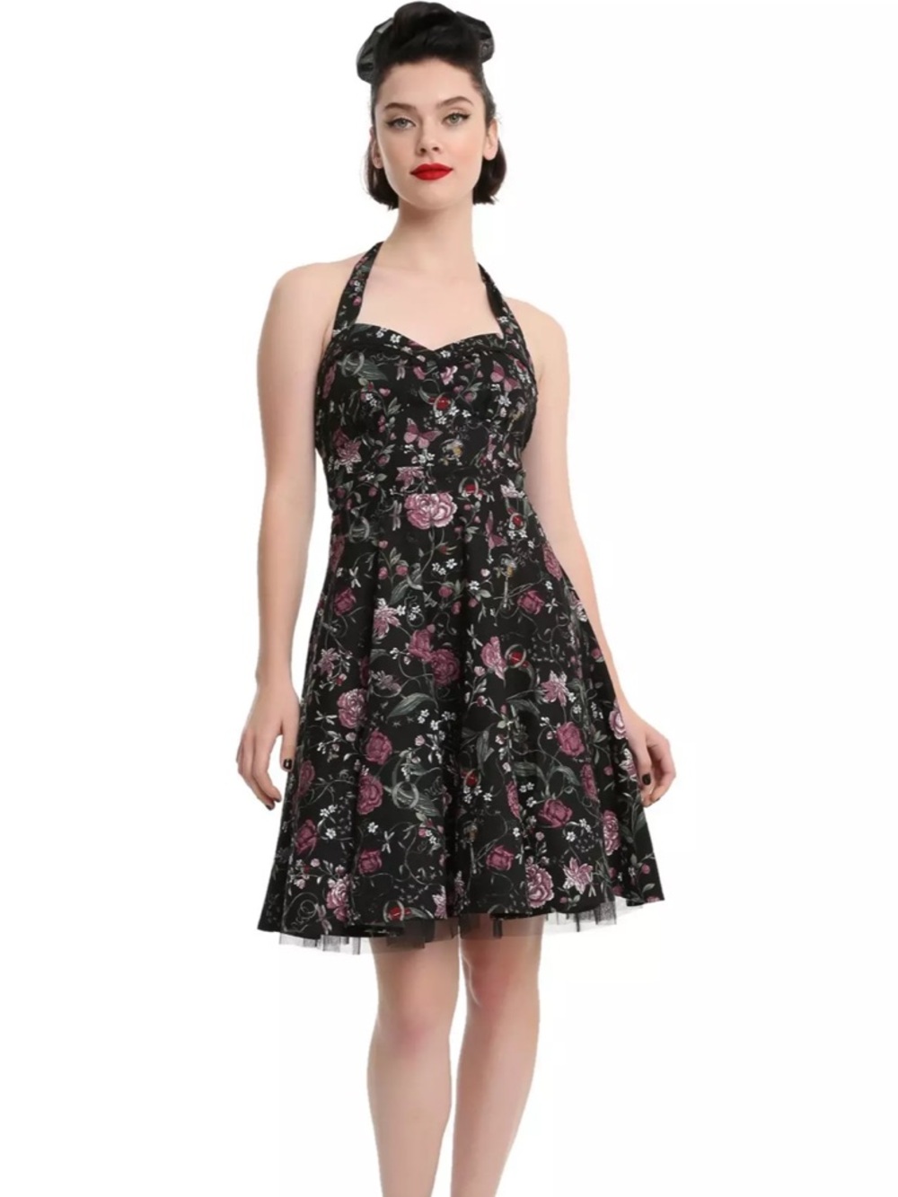 Hot Topic Black Halter Rose Print Fit & Flare Dress